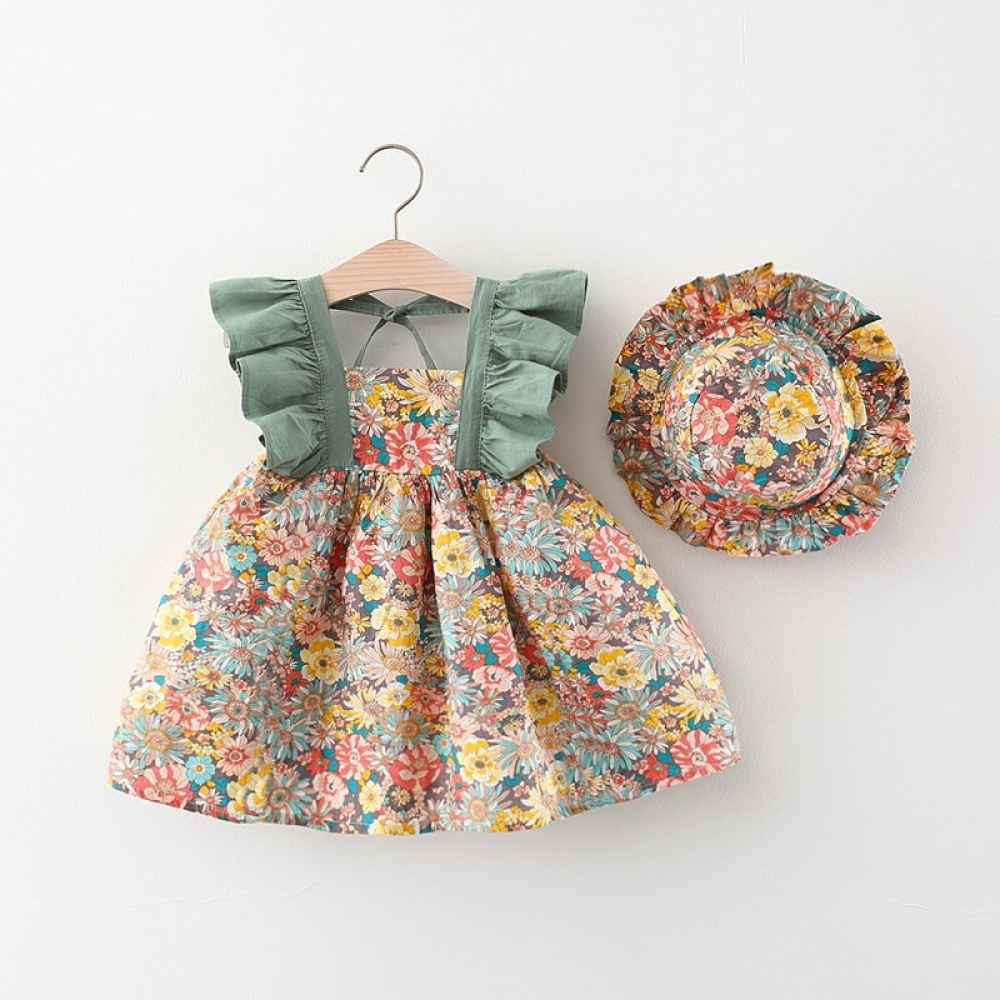 Summer Baby Girls Sling Dress With Hat Cute Floral Printing Pleated Princess For Kids Aged 1-3 green CM:90 - Image 3