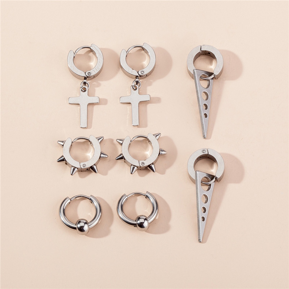 4 Pairs of Women's Earrings Cone Card Ball Disc Barbell Ear Bone Needle Silver - Image 3