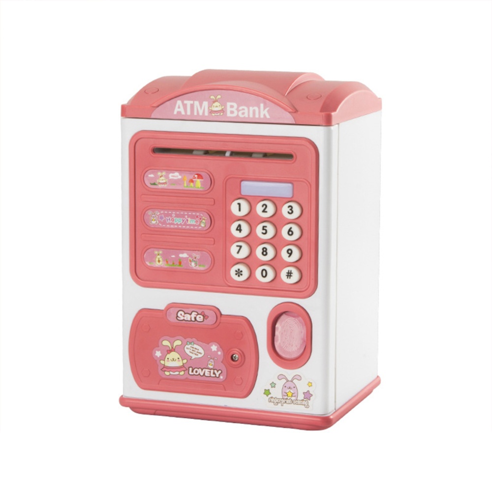 Children Cartoon Fingerprint Deposit Box Storage Light Sound Effect Atm Password Automatic Rolling Money Coin Toy pink - Image 3