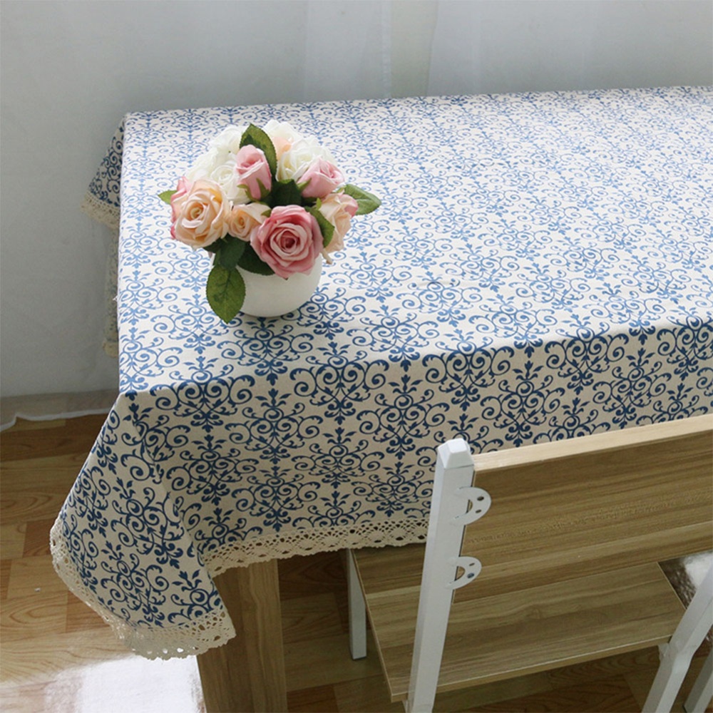 Retro Blue and White Porcelain Tablecloth with Lace Cotton Linen Table Cover for Dinning Home Decor white porcelain_90*90 - Image 2