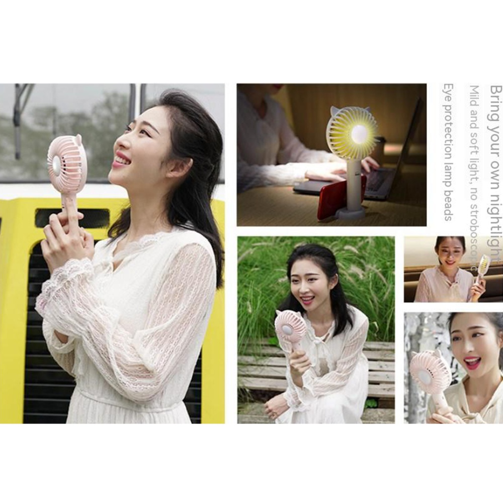 Cartoon Portable Mini Fan With Led Light Strong Wind Handheld Electric Mobile Phone Holder pink - Image 3