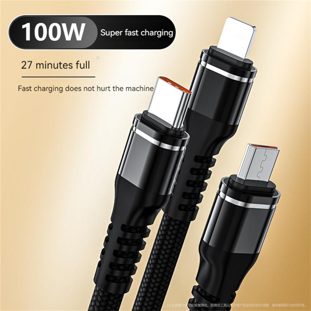 3-in-1 100w Super Fast Charging Cable 6a Braided Extended Data Compatible For Ios Android Type-c black - Image 3