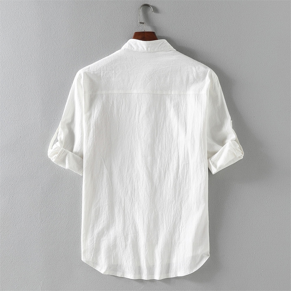 Summer Plus Size Shirt For Men Stand Collar Three-quarter Sleeve Cotton Linen Solid Color Loose Tops White XL - Image 3