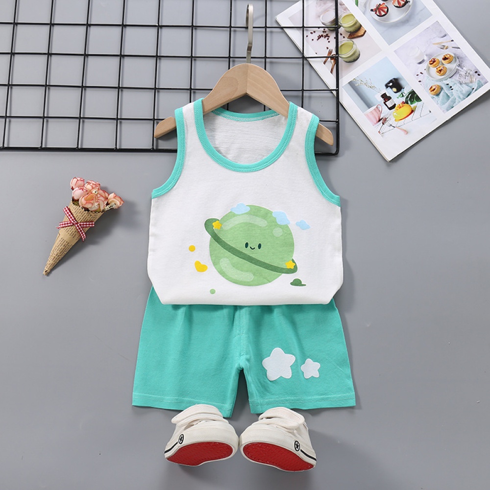 Summer Thin Pajamas For Children Cotton Cute Cartoon Printing Sleeveless Tank Tops Shorts Suit Boys cloud universe 3-4 years XL - Image 2