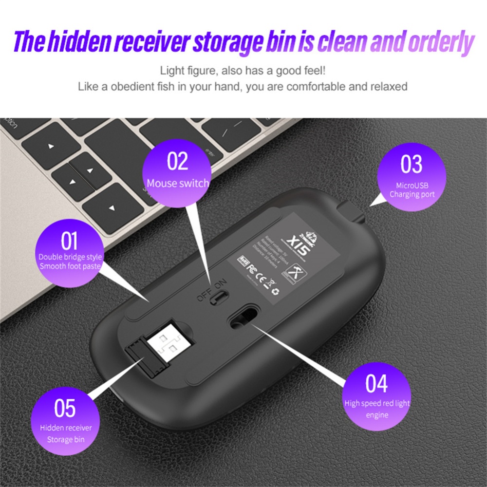 X15 Bluetooth Mouse Rechargeable Usb Mute Wifi Wireless For Pc Gamer Tablet Laptops silver - Image 2