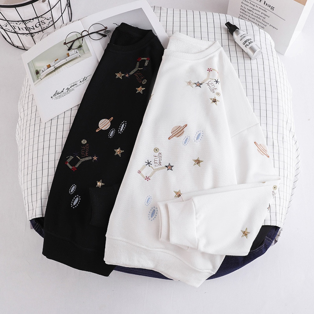 Women Autumn Sweatshirts Embroidered Hooded Blouse Loose Long Sleeves Tops Black_L - Image 3