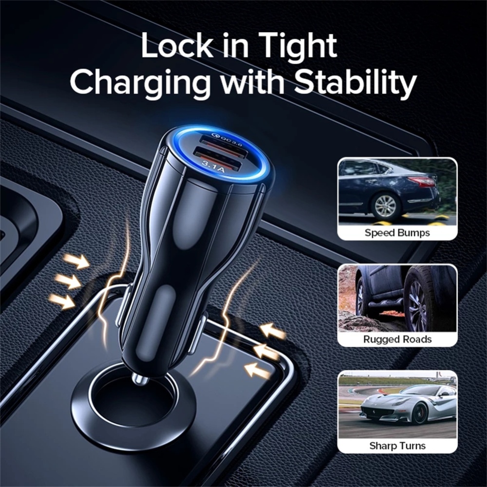 Universal Aluminum Alloy Qc3.0 Dual Usb Car Charger Fast Charging Stable Performance Smart Shunt Built-in Management Chip Car-charger black - Image 2