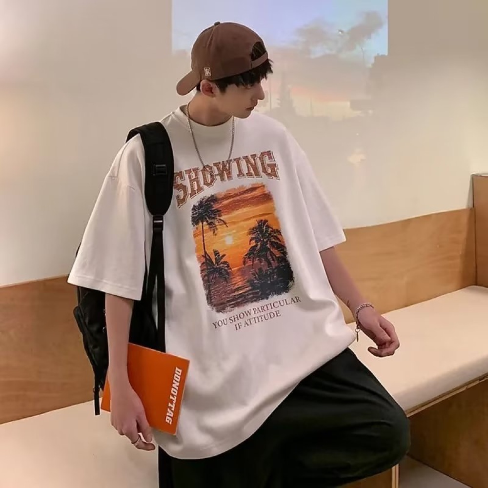 Summer Men Short Sleeves T-shirt Retro Printing Round Neck Pullover Tops Casual Loose Large Size Shirt White M - Image 3