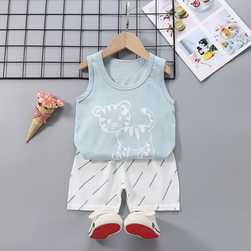 Summer Thin Pajamas For Children Cotton Cute Cartoon Printing Sleeveless Tank Tops Shorts Suit Boys Little Tiger 3-4 years XL - Image 2