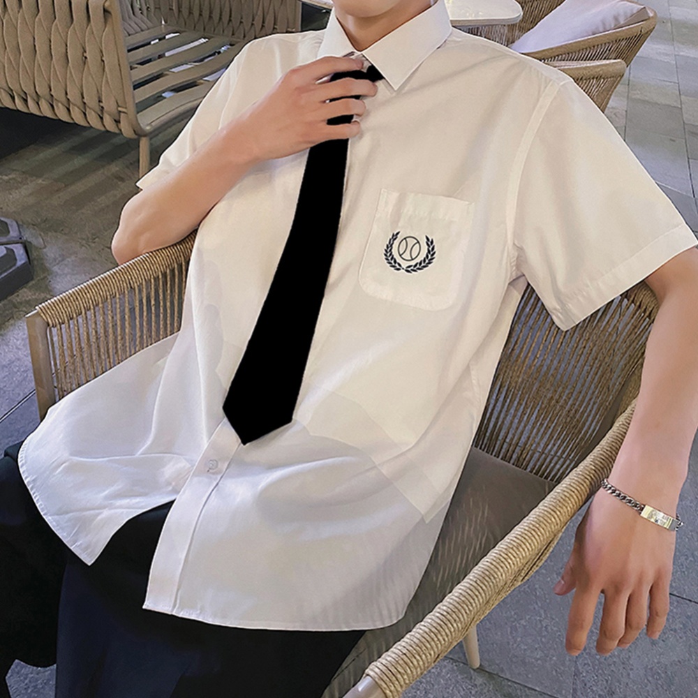 Men Short Sleeve Shirt with Tie Spring Summer Thin Coat Blouse White_M - Image 2