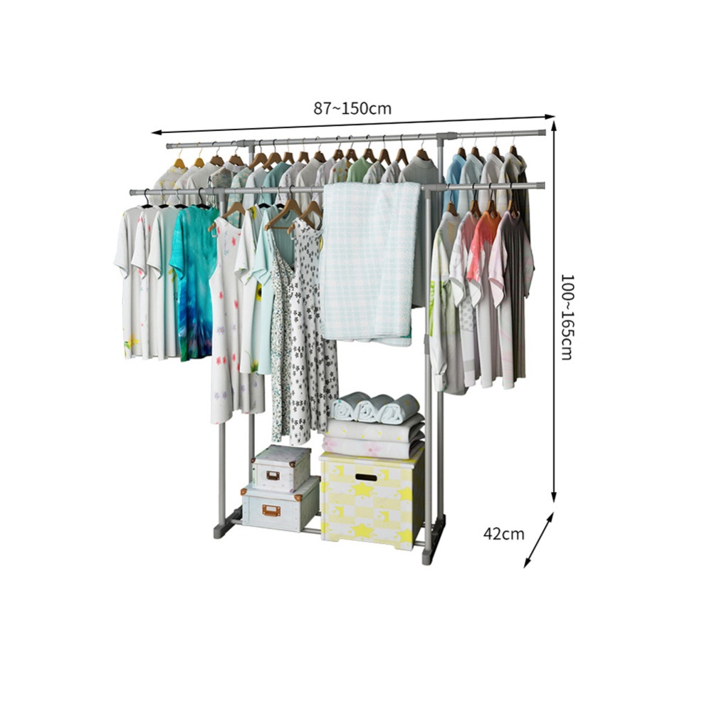 Clothes Hanger Coat Rack Dual Pole Storage Wardrobe Metal Clothing Drying Silver - Image 3