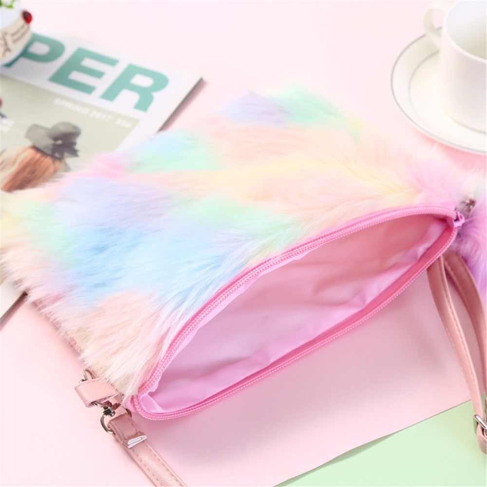 Women Girls Kids Fluffy Fuzzy rainbow Bag Plush Tie Dye Rainbow Crossbody Purse colorful - Image 3