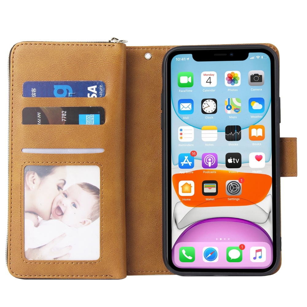 For iphone X/XS/XS MAX/11/11Pro Pu Leather Mobile Phone Cover Zipper Card Bag + Wrist Strap brown - Image 3