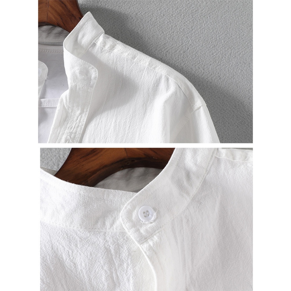 Summer Plus Size Shirt For Men Stand Collar Three-quarter Sleeve Cotton Linen Solid Color Loose Tops White 3XL - Image 3