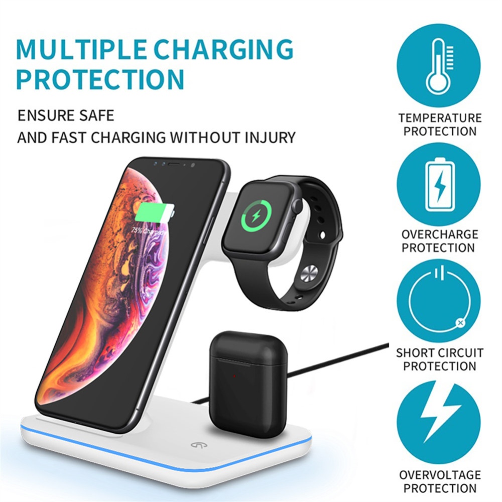 15w Vertical Multi-functional 3-in-1 Wireless Charger Fast Charging Station For Watch Mobile Phone Headset White - Image 3