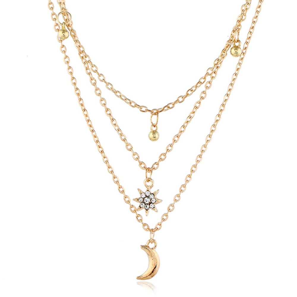 Women Necklace Alloy Multilayer Star Moon Shape Pendant Electroplating Golden - Image 3