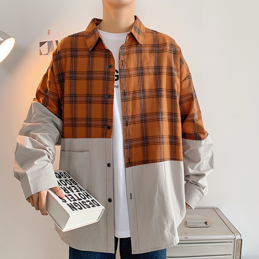 Men's Leisure Shirt Plaid Stitching Plus Size Loose Casual Long-sleeved Brown _XXXL - Image 2