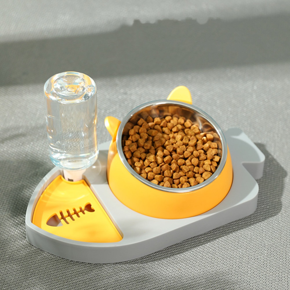 3-in-1 Pet Feeding Bowl Water Dispenser Anti-choking Neck Guard Automatic Food For Dogs Cats fish shape bowl grey
