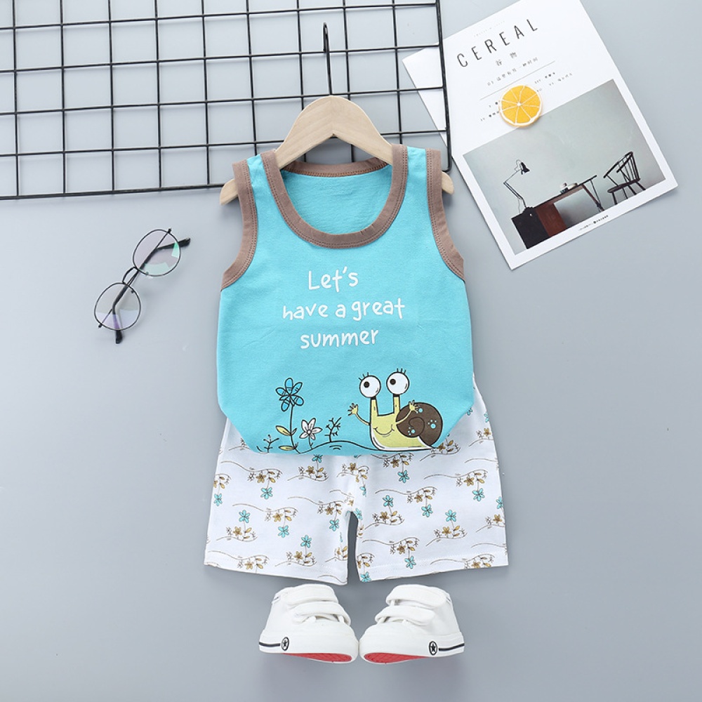 Summer Thin Pajamas For Children Cotton Cute Cartoon Printing Sleeveless Tank Tops Shorts Suit Boys snail 3-4 years XL - Image 2