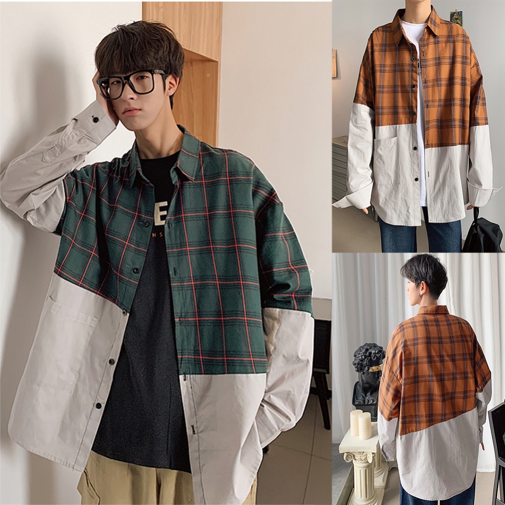 Men's Leisure Shirt Plaid Stitching Plus Size Loose Casual Long-sleeved Green 911879#_XXXL - Image 3