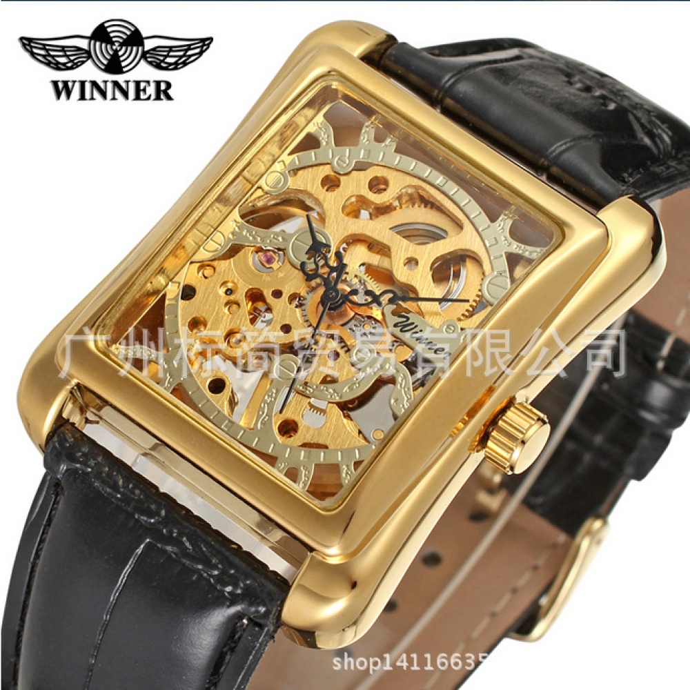 Winner Man Rectangle Skeleton Dial Watch Hand-winding Mechanical PU Leather Band Wristwatch Silver - Image 2