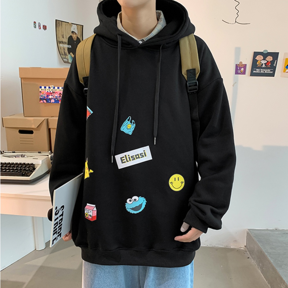 Men's Hoodie Fall Winter Cartoon Print Large Size Loose Long-sleeve Hooded Sweater Black _M - Image 2