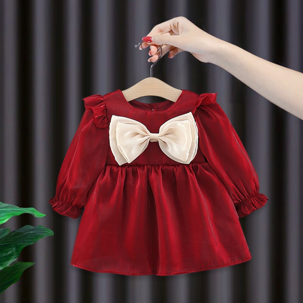 Kids Long Sleeves Dress Stylish Bowknot Cute Princess Skirt Simple Solid Color For Girls Aged 1-3 red CM: 100 - Image 3