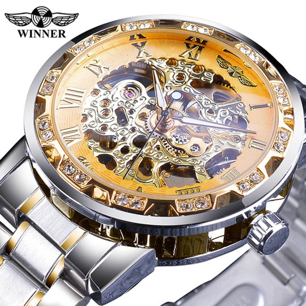 Winner Man Waterproof Mechanical Watch Roman Numeral Rhinestone Skeleton Dial Steel Wristwatch White gold - Image 2