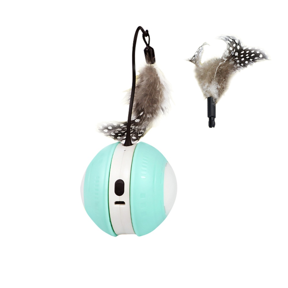 Pet Cat Automatic Moving Ball Toys With Feathers Accessories Usb Rechargeable Luminous Sounding For Indoor Cats green white hard shell The p - Image 3