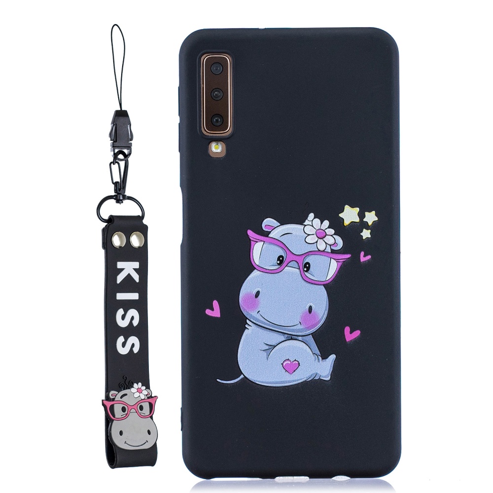 For Samsung A7 2018 Cartoon Lovely Coloured Painted Soft TPU Back Cover Non-slip Shockproof Full Protective Case with Lanyard black - Image 3