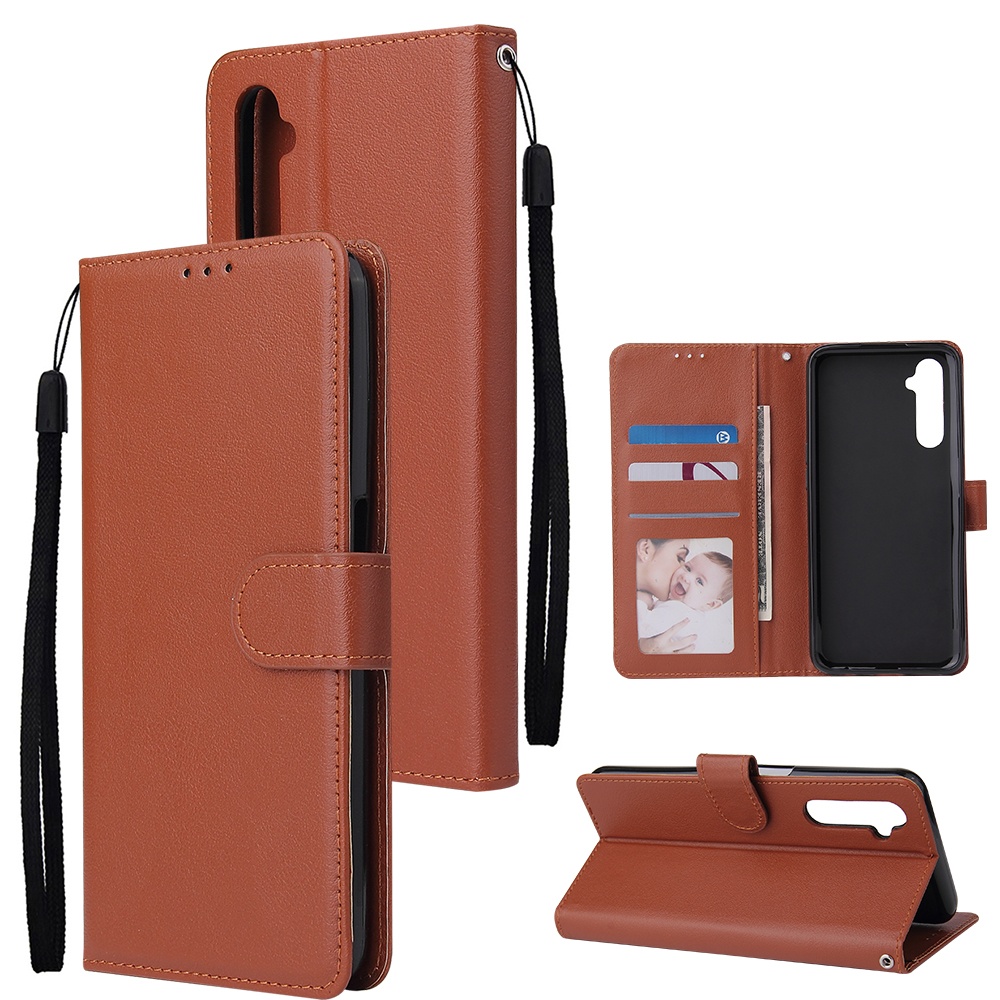 For OPPO Realme C3/Realme 6 PU Leather Mobile Phone Cover with 3 Cards Slots Frame wine red - Image 3