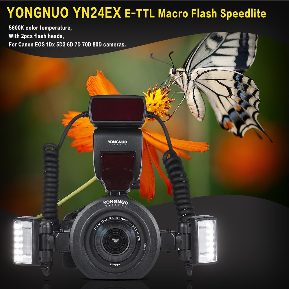 Original YONGNUO YN24EX E-TTL Macro Flash Speedlite 5600K Heads Adapter Rings for Canon EOS 1Dx 5D3 6D 7D 70D 80D Cameras - Image 3