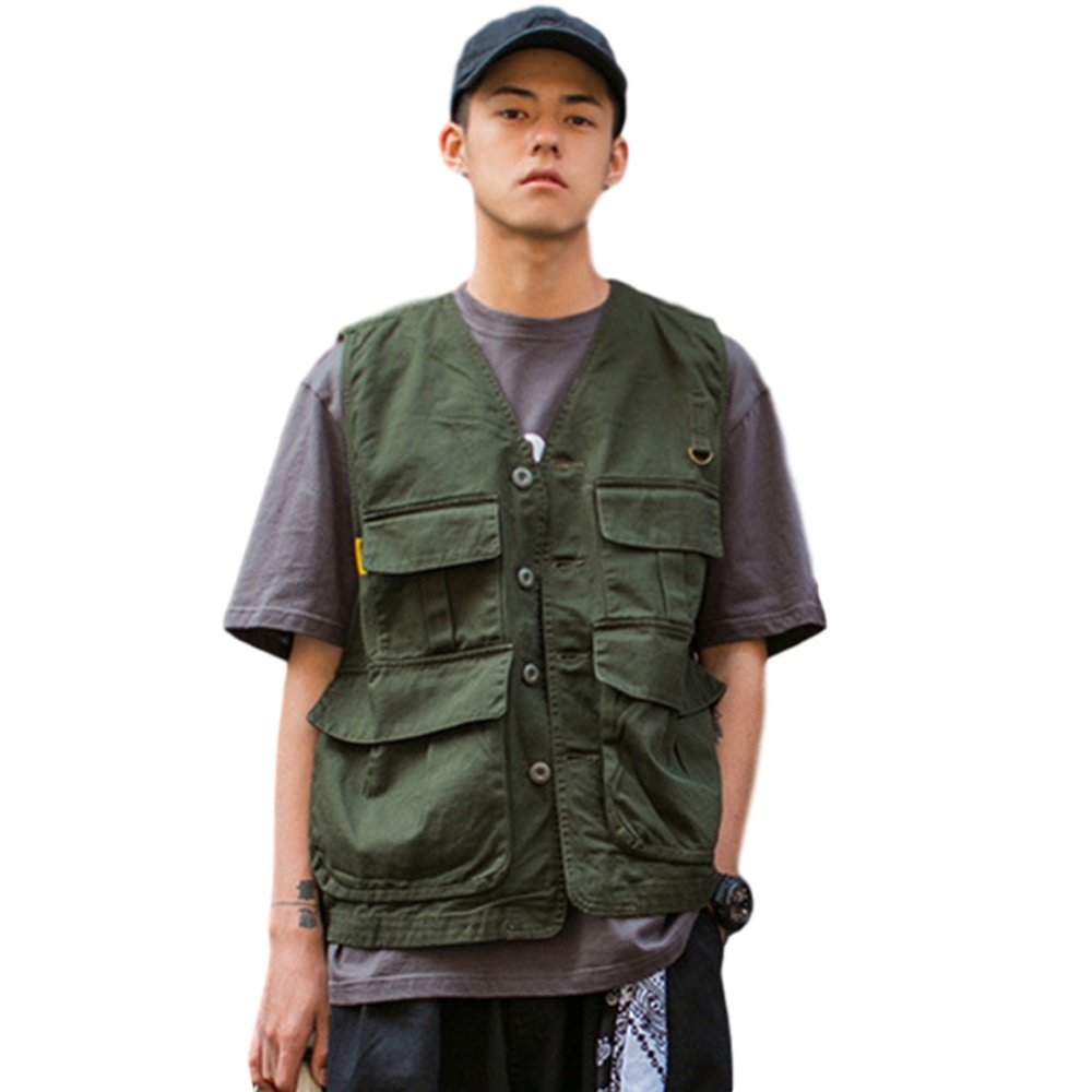 Men's Vest Summer Multi-pocket Loose All-match Sleeveless green_M - Image 2