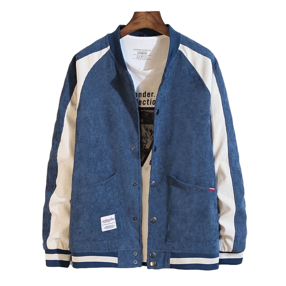 Men's Jacket Autumn Plus Size Corduroy Stand Collar Baseball Uniform Blue _L - Image 2