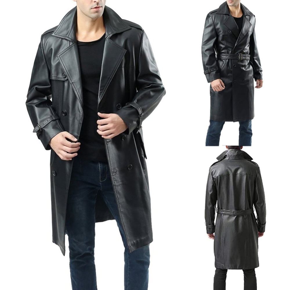 Men's Jacket Autumn and Winter Windbreaker over the Knee Large Size Casual Leather Black _L - Image 3