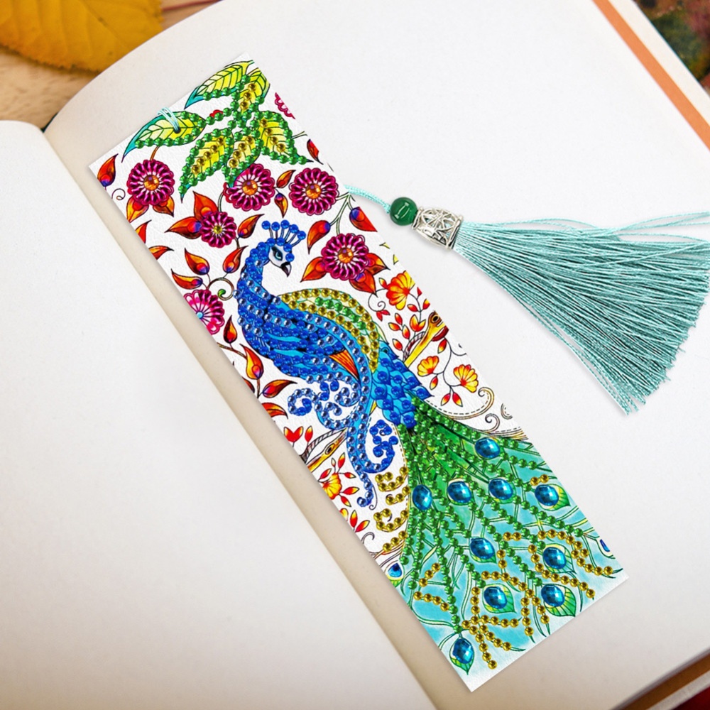 2Pcs 5D Diamond Painting Leather Bookmark Tassel Book Marks Special Shaped Embroidery peacock - Image 2