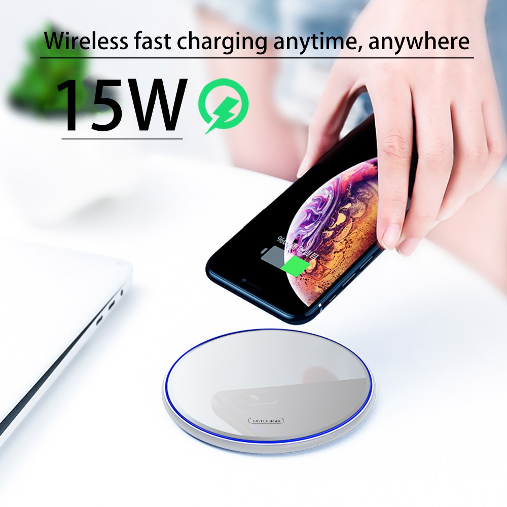 QI Wireless Charger for Apple Android 15W Fast Charging Technology Aluminum Alloy Mirror-like Shiny Ultra-thin Protable white - Image 3