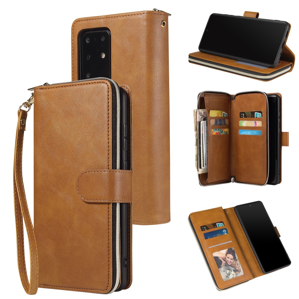 For Samsung S10/S20/S10E/ S10 Plus Pu Leather Mobile Phone Cover Zipper Card Bag + Wrist Strap brown - Image 3