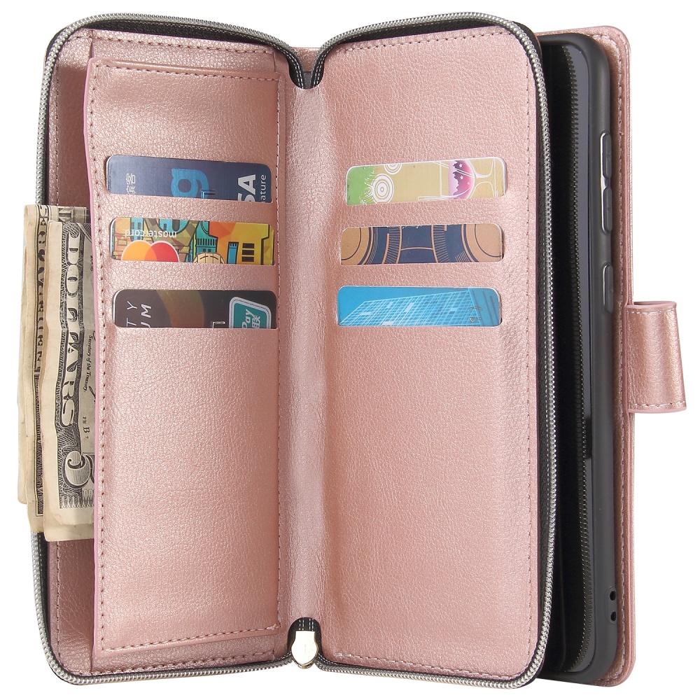 For Samsung A10/A20/A30/A50/A30S/A50S Pu Leather Mobile Phone Cover Zipper Card Bag + Wrist Strap Rose gold - Image 3