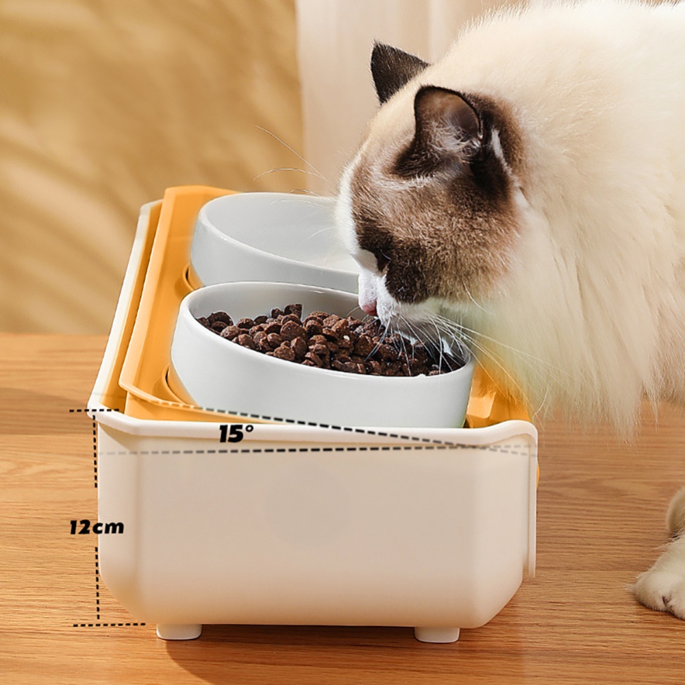 Double Cat Dog Bowl Food Water Ceramic Adjustable Oblique Neck Protection Pet Feeder For Kitten Puppy yellow - Image 3