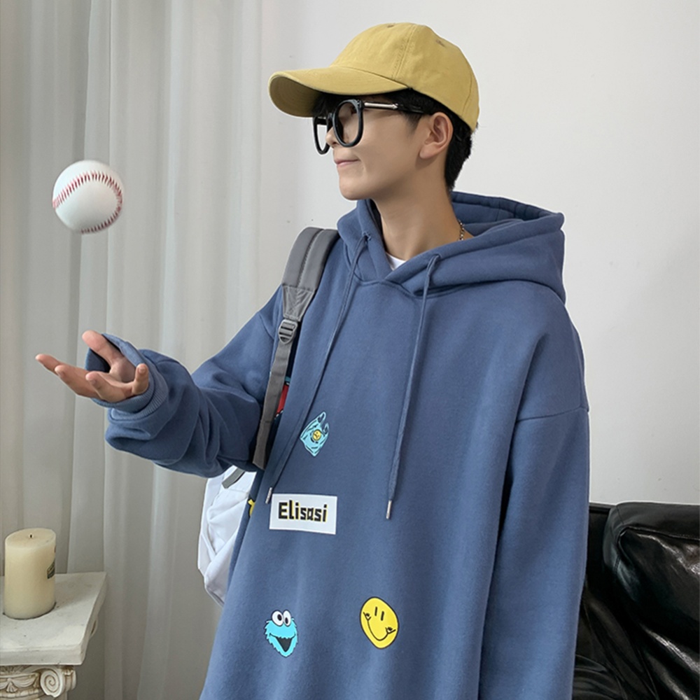 Men's Hoodie Fall Winter Cartoon Print Large Size Loose Long-sleeve Hooded Sweater Blue _3XL - Image 3