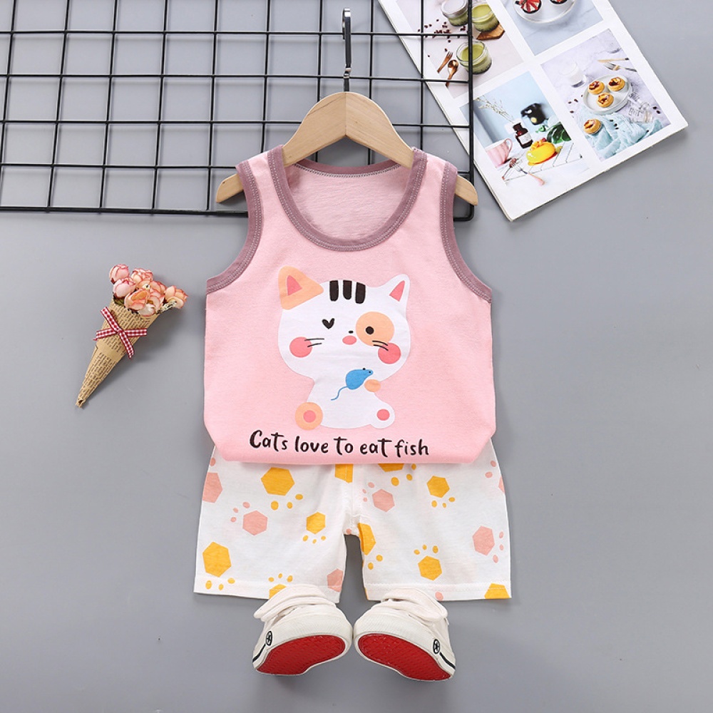 Summer Thin Pajamas For Children Cotton Cute Cartoon Printing Sleeveless Tank Tops Shorts Suit Boys light pink kitten 4-5 years 2XL - Image 3