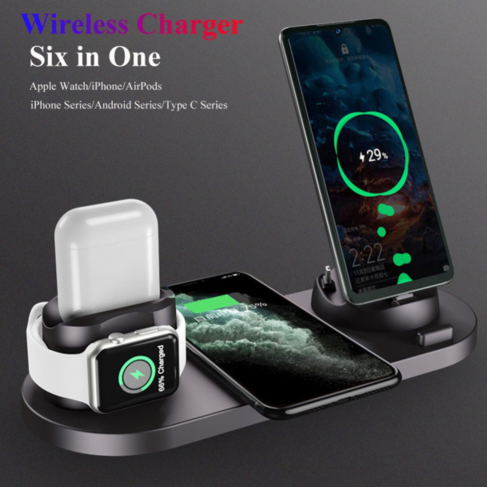 WS 6-in-1 Wireless Charger Automatic Control Multi-port Charging Station Compatible For Iwatch Huawei Watch Mobile Phone WS5 Black [10W] - Image 3