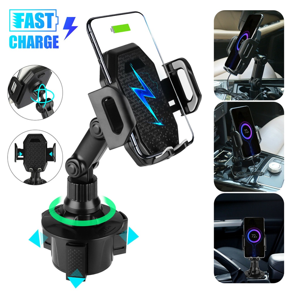 Car Cup Holder Mount Qi Wireless Charger Adjustable Quick Charging Stand Base For Phone black - Image 3