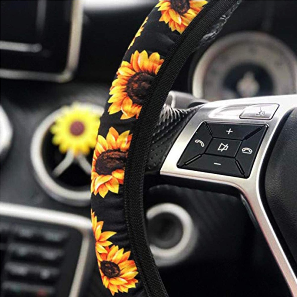 8pcs Sunflower Steering Wheel Cover Car Seat Belt Armrest Cushion Sunflowers Keyring Coaster - Image 3