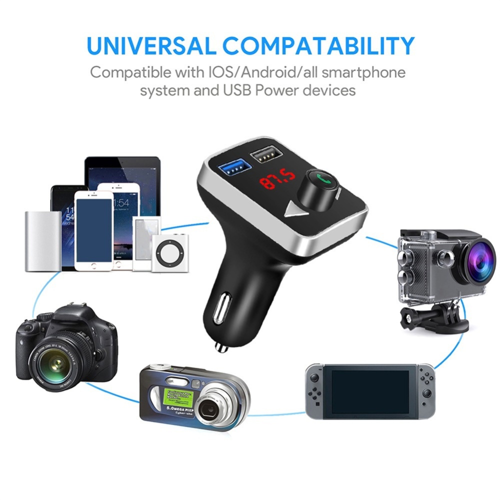 Stereo Car Fm Transmitter Bluetooth 5.0 Hands-free with Dual USB Charging Adapter Silver Black - Image 3