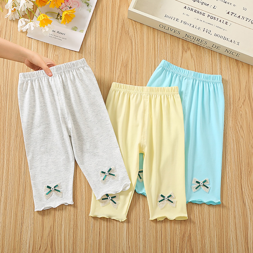 Toddlers Girls Leggings Solid Color Breathable Cotton Summer Pleated Pants Casual Kids Baby Cropped yellow 1-2Y 80cm - Image 2