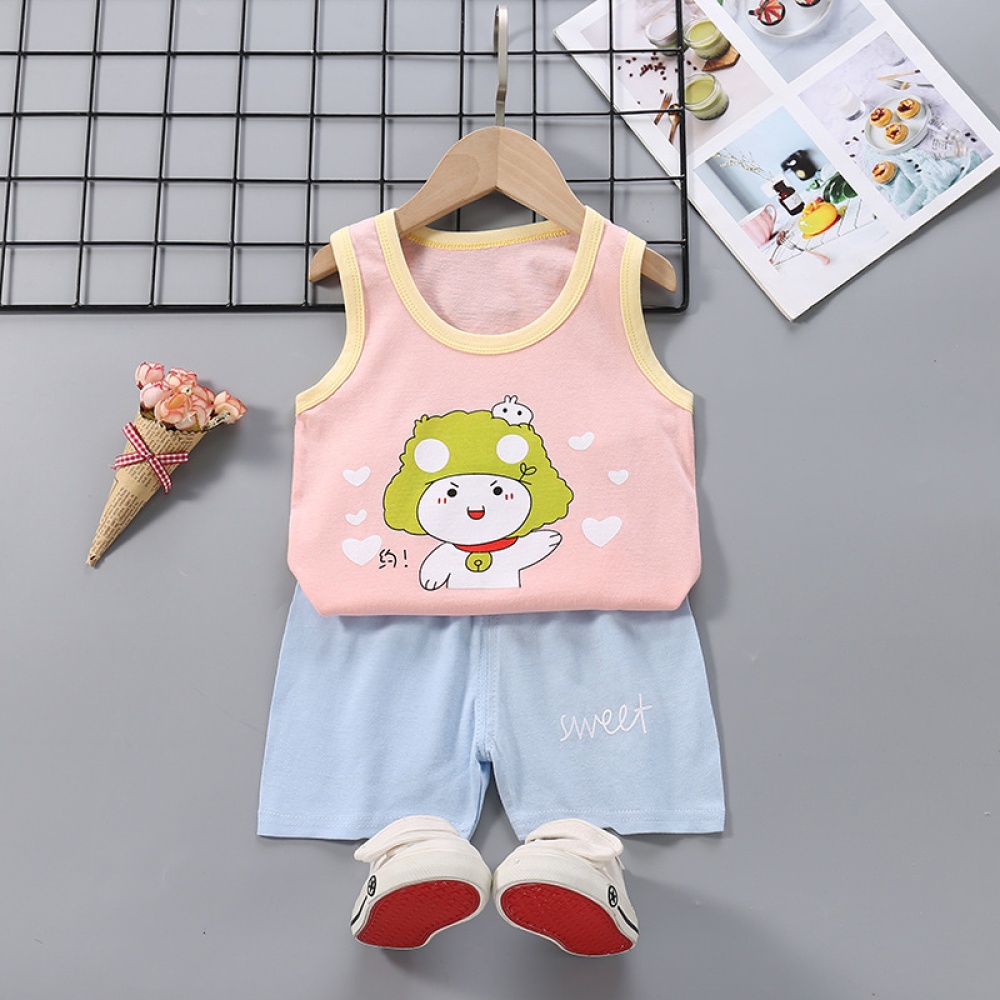 Summer Thin Pajamas For Children Cotton Cute Cartoon Printing Sleeveless Tank Tops Shorts Suit Boys pink 4-5 years 2XL - Image 3