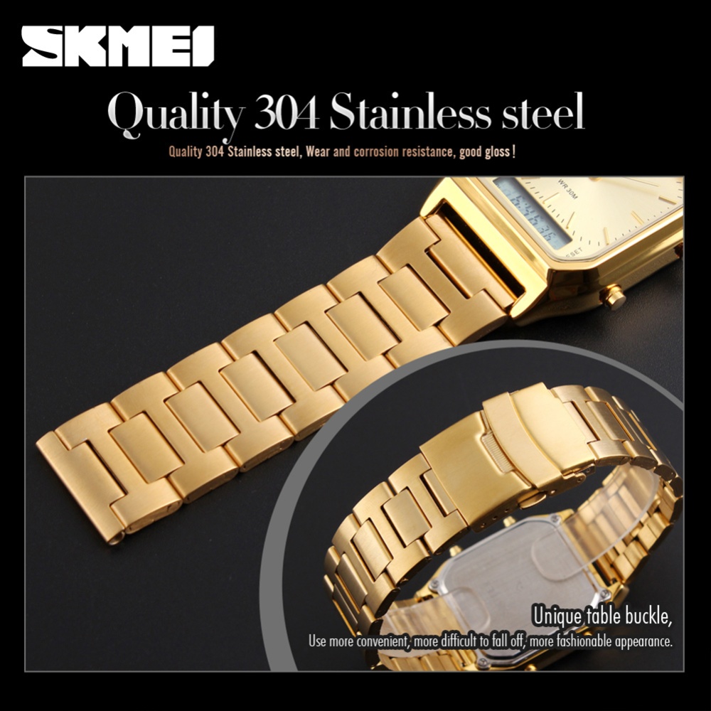 SKMEI Business Men Electronic Watch Waterproof Steel Band Dual Display Multi-function Retro Fashion Wristwatch gold - Image 3