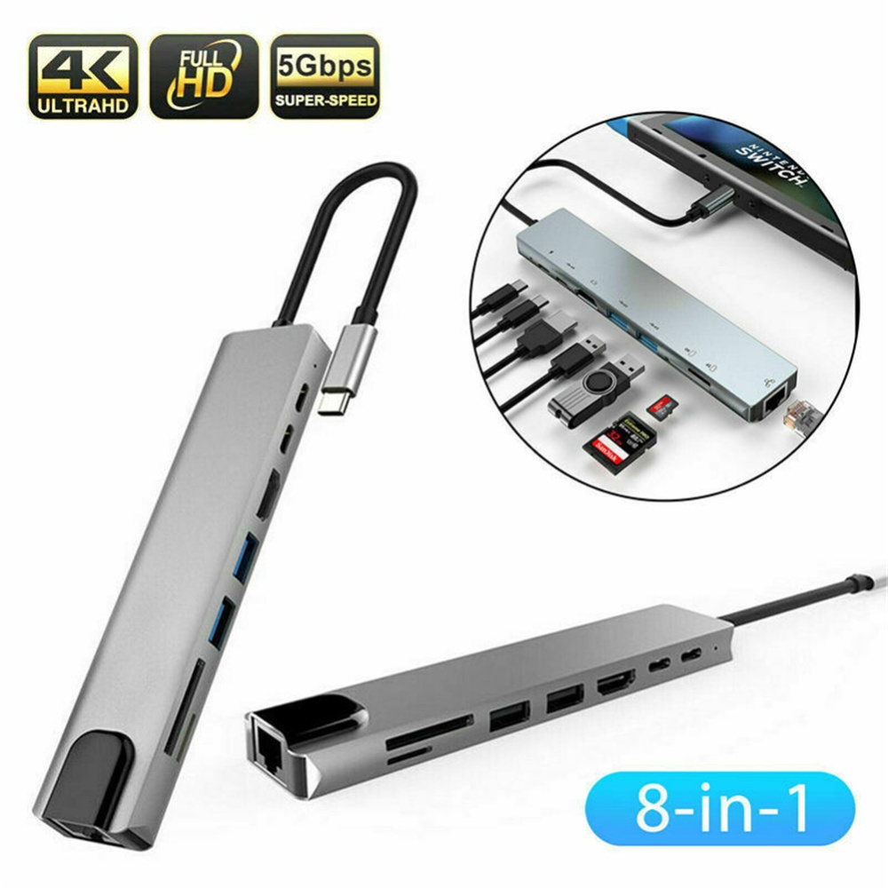 8-in-1 USB-C to Type-C USB 3.0 HDMI 4K VGA RJ45 Adapter HUB Multi-function Silver - Image 2